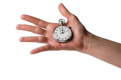 Stopwatch hold in hand, button pressed Stock Photos