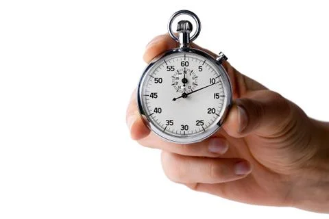Stopwatch hold in hand, button pressed Stock Photos