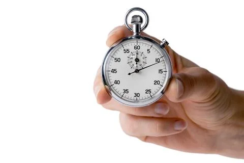 Stopwatch hold in hand, button pressed Stock Photos