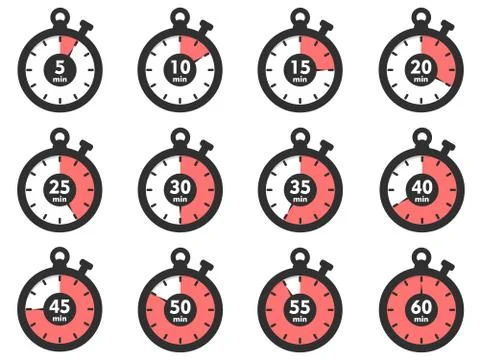 Stopwatch icon set from five to sixty minutes Stock Illustration