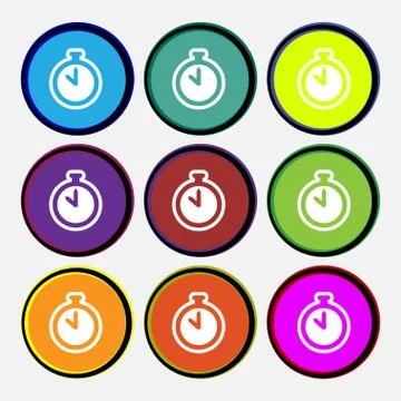 The stopwatch icon sign. Nine multi colored round buttons. Vector Stock Illustration