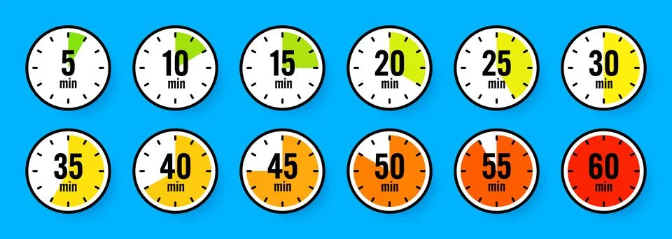 Stopwatch icons. Colorful simple chronometer, time counter with dial. Countdown Stock Illustration
