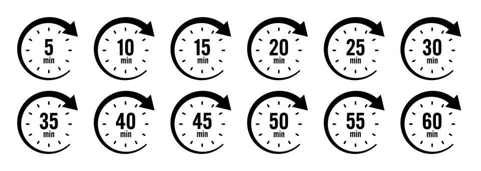 Stopwatch icons with pointer arrow. Chronometer, time counter with dial Illustrazione stock