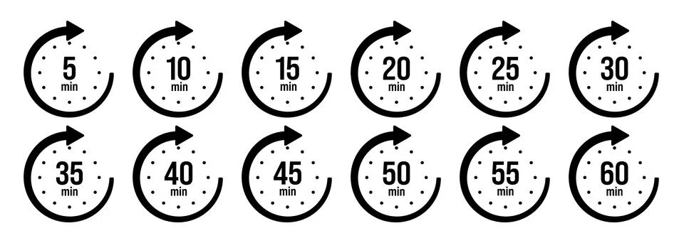 Stopwatch icons with pointer arrow. Chronometer, time counter with dial Stock Illustration