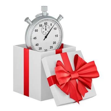 Stopwatch inside gift box, gift concept. 3D rendering Illustrazione stock