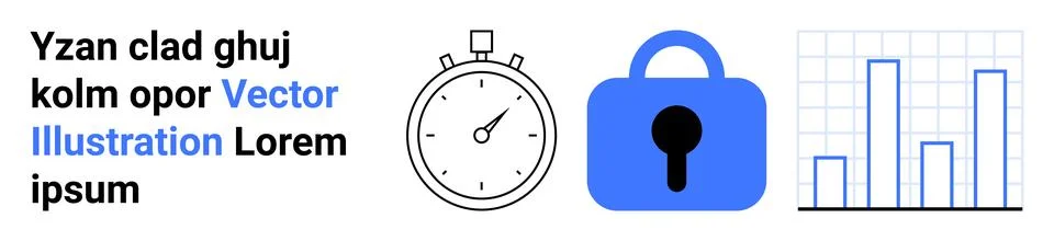 Stopwatch, lock, and bar chart icons representing time management, security,  Stock Illustration