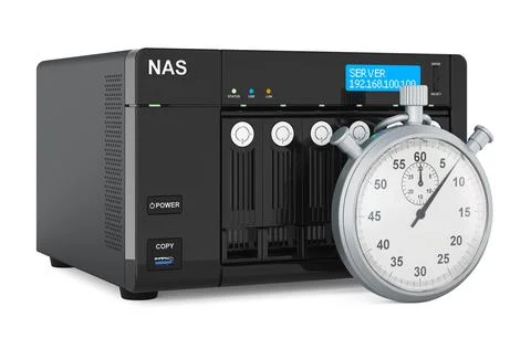 Stopwatch with NAS network-attached storage, 3D rendering Stock Illustration