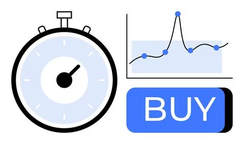 Stopwatch next to a performance chart with data points, and a BUY button. Ide Illustrazione stock