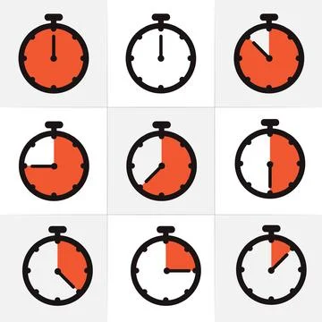 Stopwatch or timer icon set of 9. Chronometer, deadline time interval sign. Time Stock Illustration