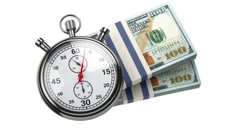Stopwatch with packs of dollar banknotes. 3d video animation Stock Footage 311895043