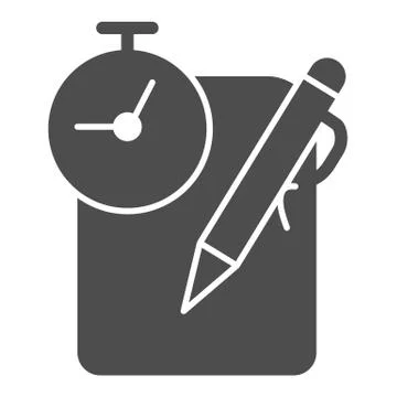 Stopwatch, pen and paper solid icon, school concept, School exam test sign on Illustrazione stock