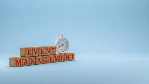 A stopwatch on a stack of wooden cubes with the word Event Management 3d il.. Stock Illustration