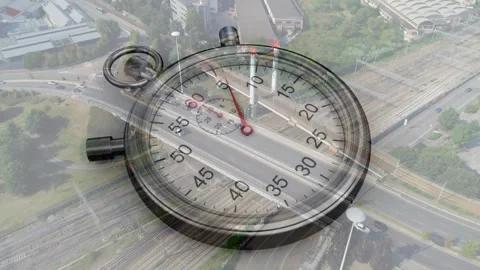 Stopwatch starting timer, red second hand moving clockwise as cars flowing Vídeos de archivo 321099374