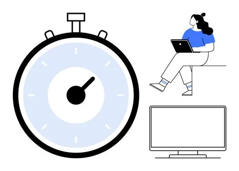 Stopwatch symbolizing time tracking, person with laptop indicating remote wor Stock Illustration