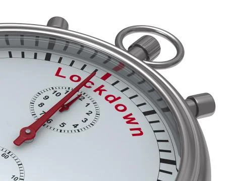 Stopwatch with text lockdown on white background. Isolated 3D illustration Illustrazione stock
