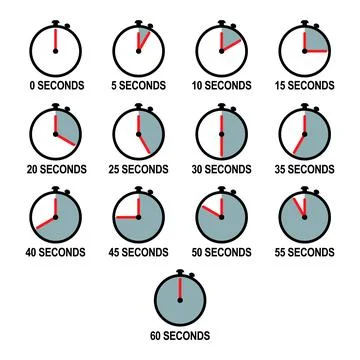 Stopwatch Time Progression from 0 to 60 Seconds Vector Illustration Stock Illustration