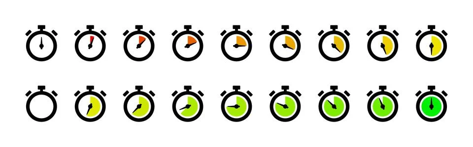Stopwatch timer icon set. Circular countdown clock with progressive color s.. Stock Illustration