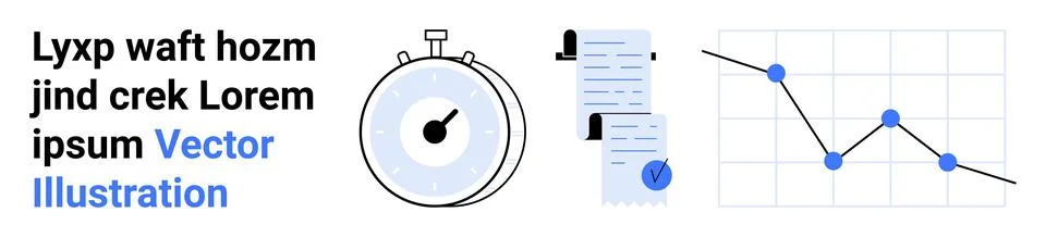Stopwatch, two documents with text and bar chart, and a line graph with data  Illustrazione stock
