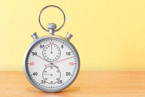 Stopwatch on the wooden table, 3D rendering Stock Illustration