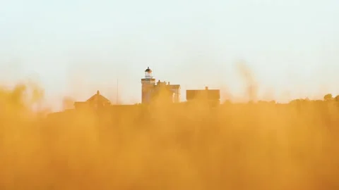 Stora Karlsö Lighthouse Through Golden Grass At Sunrise Sweden Stock Footage 331554465