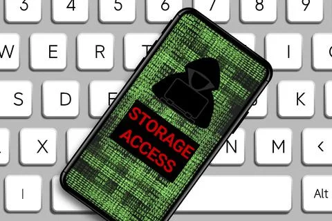 Storage access word and Hacker icon in mobile phone with digital code numbers Illustrazione stock