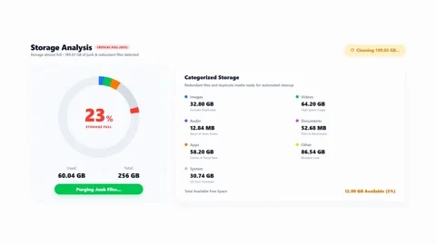 Storage analysis disk cleaner interface for data optimization. 4K Stock Footage 345495612