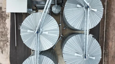 Storage and drying of grains, wheat, corn, soy, sunflower. Elevator silos Stock Footage 317531958