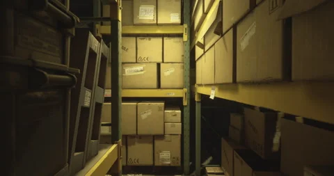 Storage area filled with stacked boxes in a dimly lit warehouse environment Stock Footage 317516496
