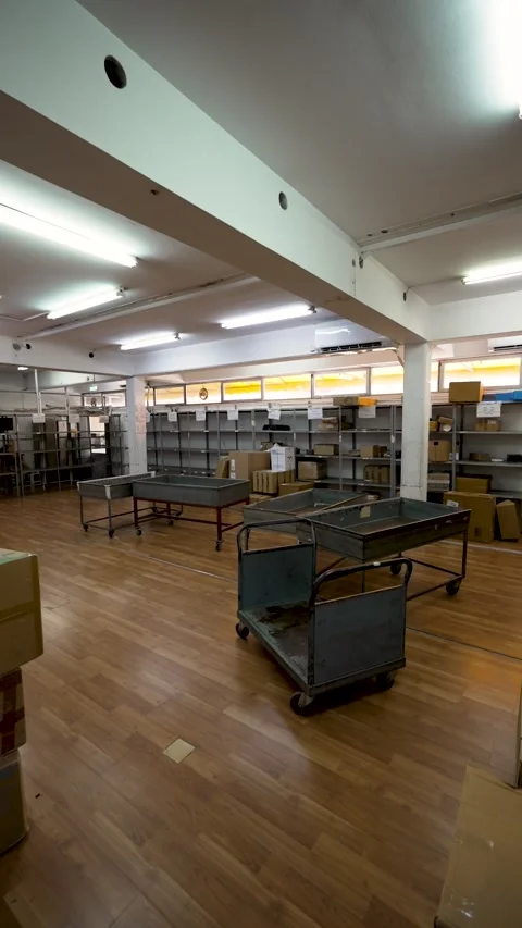 Storage area with shelves and boxes in a warehouse Stock Footage 345542664