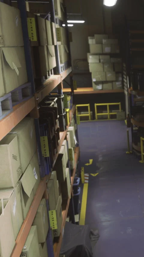 Storage area with stacked boxes and shelves in a warehouse setting Stock Footage 335967737