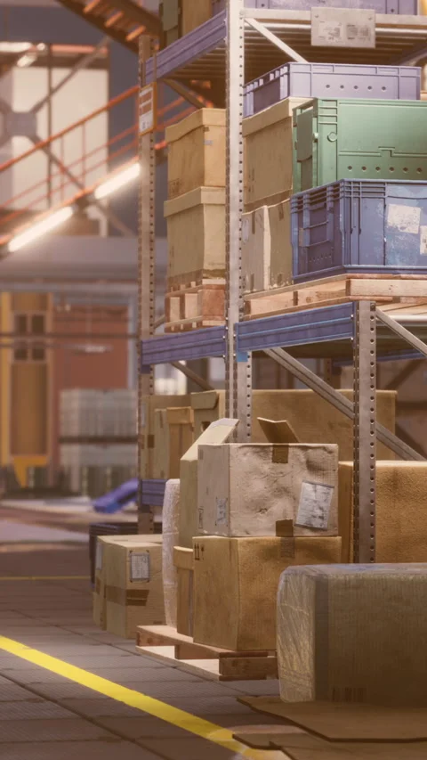 Storage area with stacked boxes and pallets in a warehouse environment Stock Footage 346754148