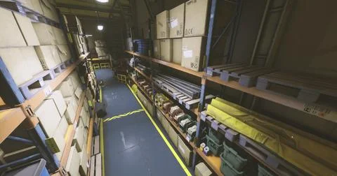 Storage area with stacked boxes and organized shelves in a warehouse Illustration