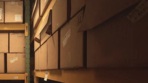 Storage area with stacked boxes on shelves in a warehouse Stock Footage 345043402