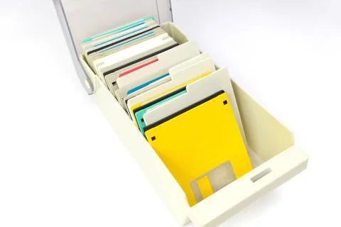 A storage box of 3.5 Inch Floppy disks for background. Retro digital storage Stock Photos