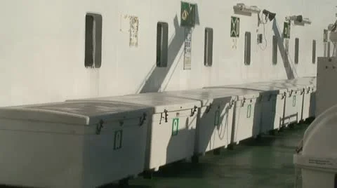 Storage boxes with lifejackets on a cruise ship 1 Stock Footage 10813947