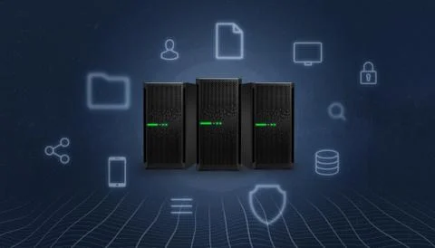 Storage, cloud, server station surrounded with concept internet services icon Stock Photos