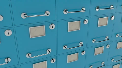 Storage concept. Closed drawers. Safe deposit boxes in the bank vault room. Video stock 116384948
