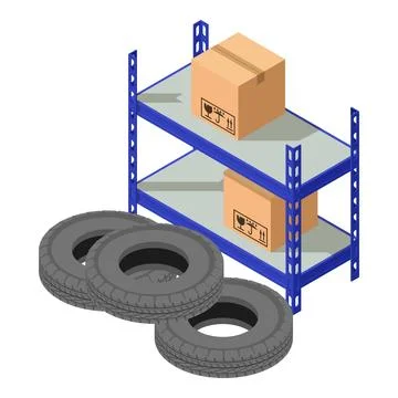 Storage concept icon isometric vector. Warehouse rack with tire and parcel box Stock Illustration
