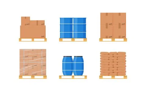 Storage containers and boxes stacked on pallets, vector illustration isolated. Stockillustratie