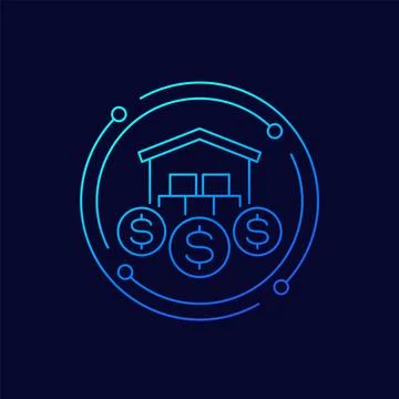 Storage costs icon with warehouse in linear design Stock Illustration