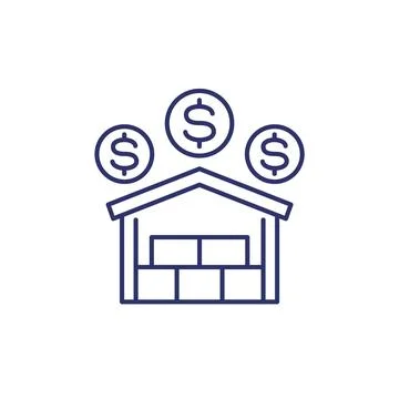 Storage costs line icon with a warehouse Stock Illustration