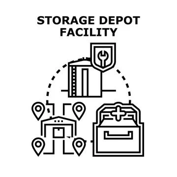 Storage depot facility vector black concept drawing Ilustração Stock