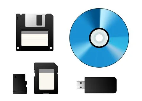 Storage devices evolution from floppy disk to flash drive and compact disc Stock Illustration