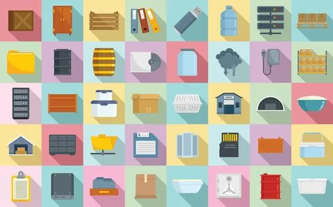 Storage icons set, flat style Stock Illustration