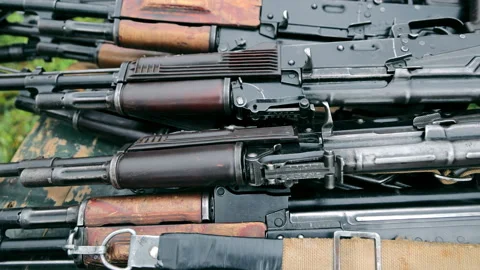 Storage of a large number of weapons, submachine guns and rifles. Panorama of a Stock-Footage 165740957