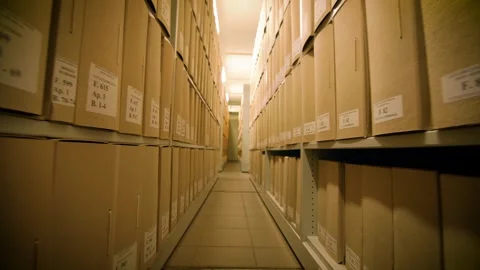 Storage with metal cabinets and boxes of documents,  sliding camera movement Video stock 347014686