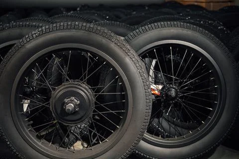 Storage of new motorcycle wheels in the workshop Stock Photos