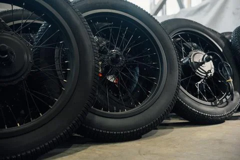 Storage of new motorcycle wheels in the workshop Stock Photos