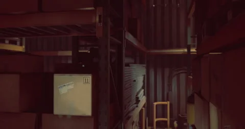 Storage room filled with boxes and supplies in a dimly lit environment Stock Footage 321660328