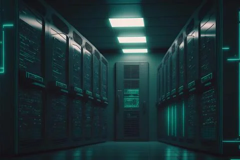 Storage server racks room with big data cyber network. Green light corridor Stock Illustration